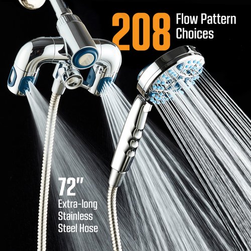 AquaCare Polaris High Pressure Multi Zone 208 Setting Shower Head & Handheld 3-way Combo System - Magnetic Docking Handle, Stay-Clean Jets, 6 ft. Metal Hose, All Chrome Finish, Top American Brand