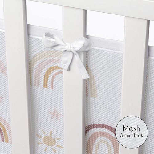 Sweet Jojo Designs + BreathableBaby Boho Rainbow Girl Breathable Mesh Crib Liner Anti-Bumper Baby and Infant - Blush Pink Yellow Tan Bohemian Modern Neutral Vintage Dusty Rose Mauve Taupe Stars Sun