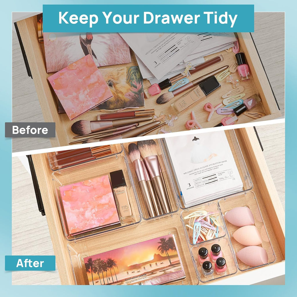 Vtopmart Clear Plastic Drawer Organizers Set - 25 PCS Versatile Storage Trays for Makeup, Kitchen & Office