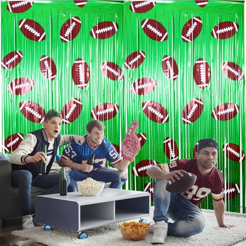 2Pcs Football Background Party Decorations,3.3x6.6 ft Football Foil Fringe Curtain Streamers,Sports Themed Superbowl Birthday Party Supplie