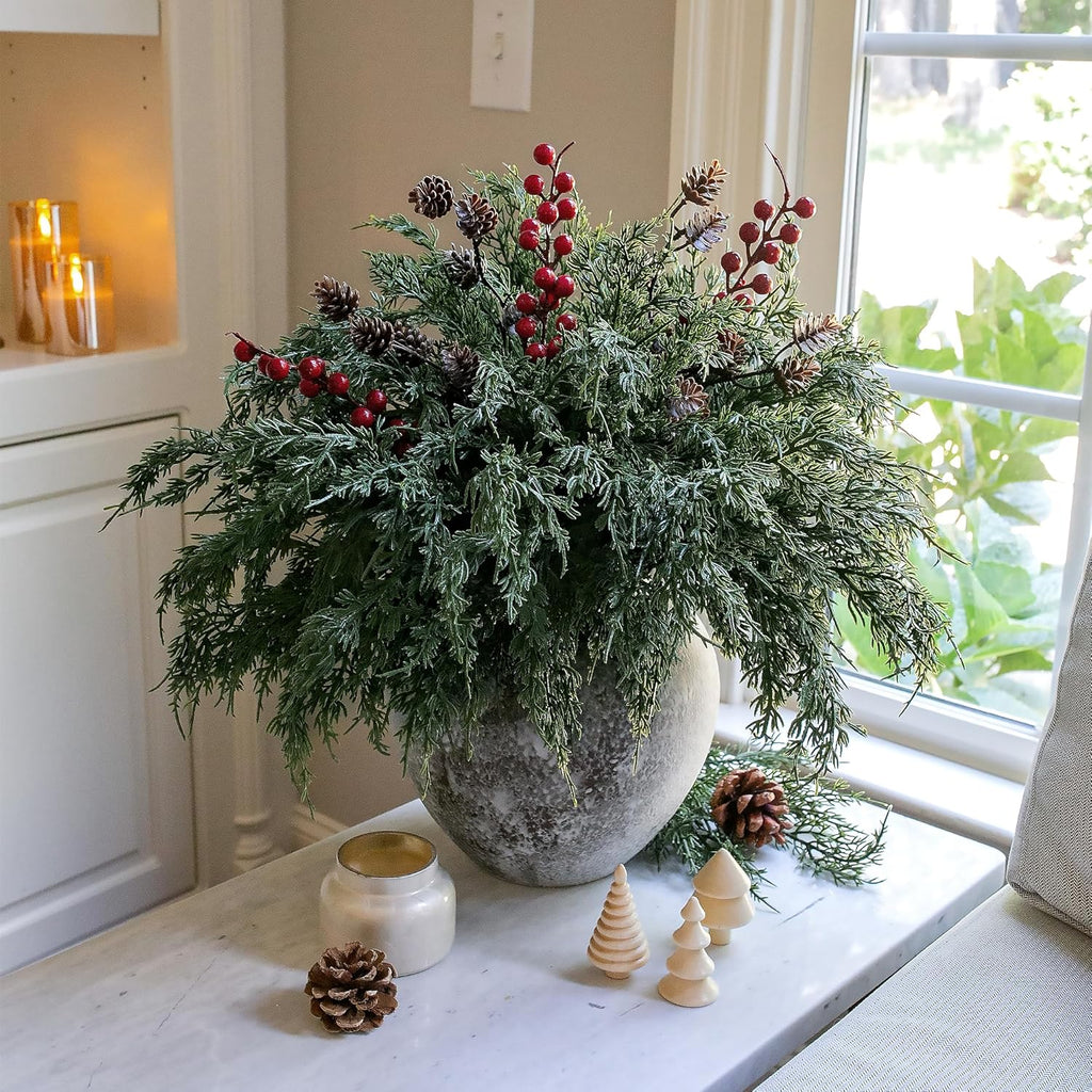 Norfolk Pine Faux Cedar Stems - 17 PCS Realistic Greenery with Pinecones & Red Berries for Christmas Decor