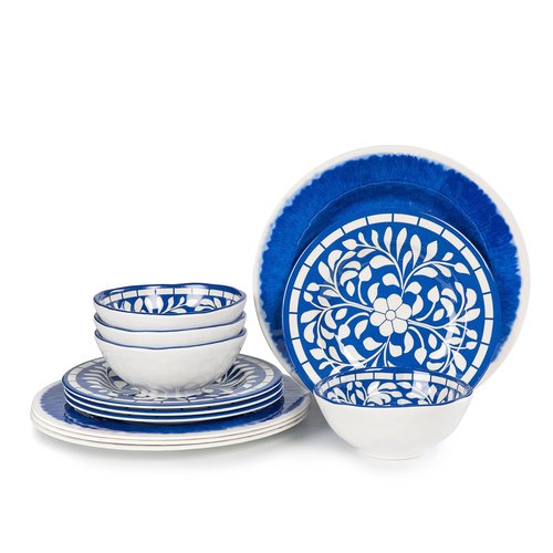 Yinshine Melamine Dinnerware Set - 12 Pcs Dinner Dishes Set for 4, Plates and Bowls Set for Indoor & Outdoor Use- Dishwasher Safe, Unbreakable, Blue