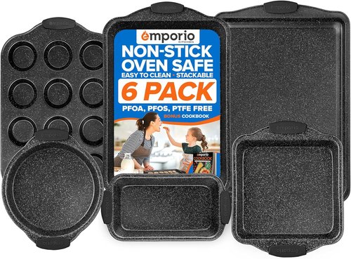 Emporio Kitchen Nonstick Baking Pan Set - Carbon Steel Bakeware with Red Silicone Handles | Oven Safe Up to 450°F, Set of 6