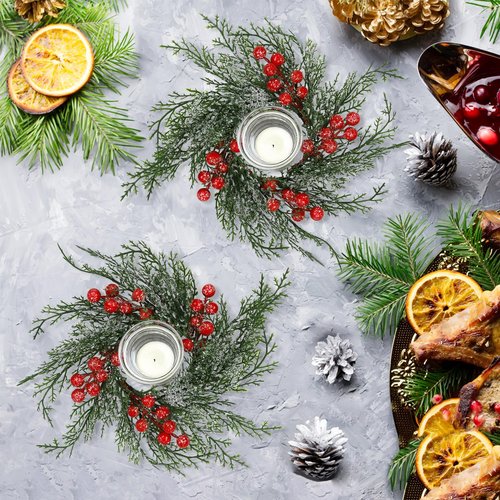 Serlvan 6 Pcs Christmas Candle Rings Wreath Artificial Candle Rings with Red Berry, Snowy Pine Garland Candle Ring Holder for Christmas Decorations Table Centerpiece