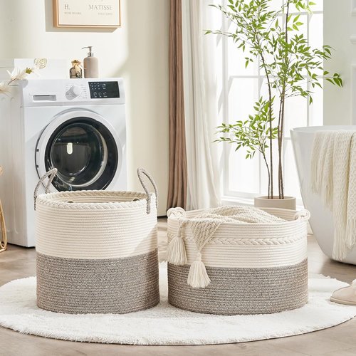 KAKAMAY Large Cotton Rope Blanket Basket - Stylish Storage for Baby Laundry & Toys | 20"x13" White/Beige