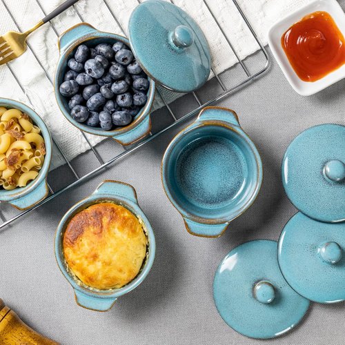 Creme Brulee Ramekins Set of 4 - 8 oz Oven Safe Bowls with Lids for Souffle & Pot Pie Baking | Reactive Blue