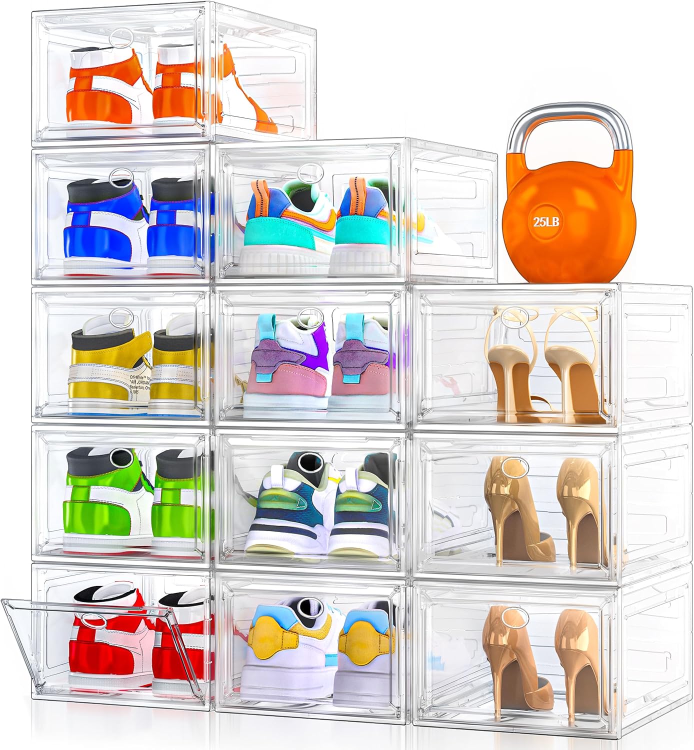 Skiennix Clear Shoe Storage Organizer - 12 Pack Stackable Plastic Boxes with Magnetic Doors | Space-Saving White Design