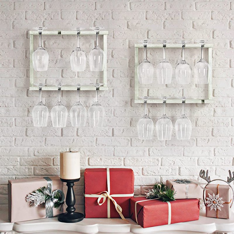 2-Tier Wall Mounted Wood Wine Glass Holder Rack - Gray Green