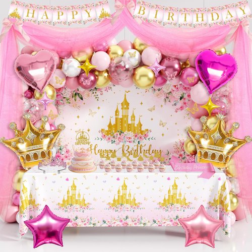 Princess Birthday Party Decorations, Pastel Floral Castle Party Supplies with Pink & Gold Balloon Arch Tulle Curtain Backdrop Banner Sash Crown Tablecloth Cake Topper for Girls Princess Party Decor