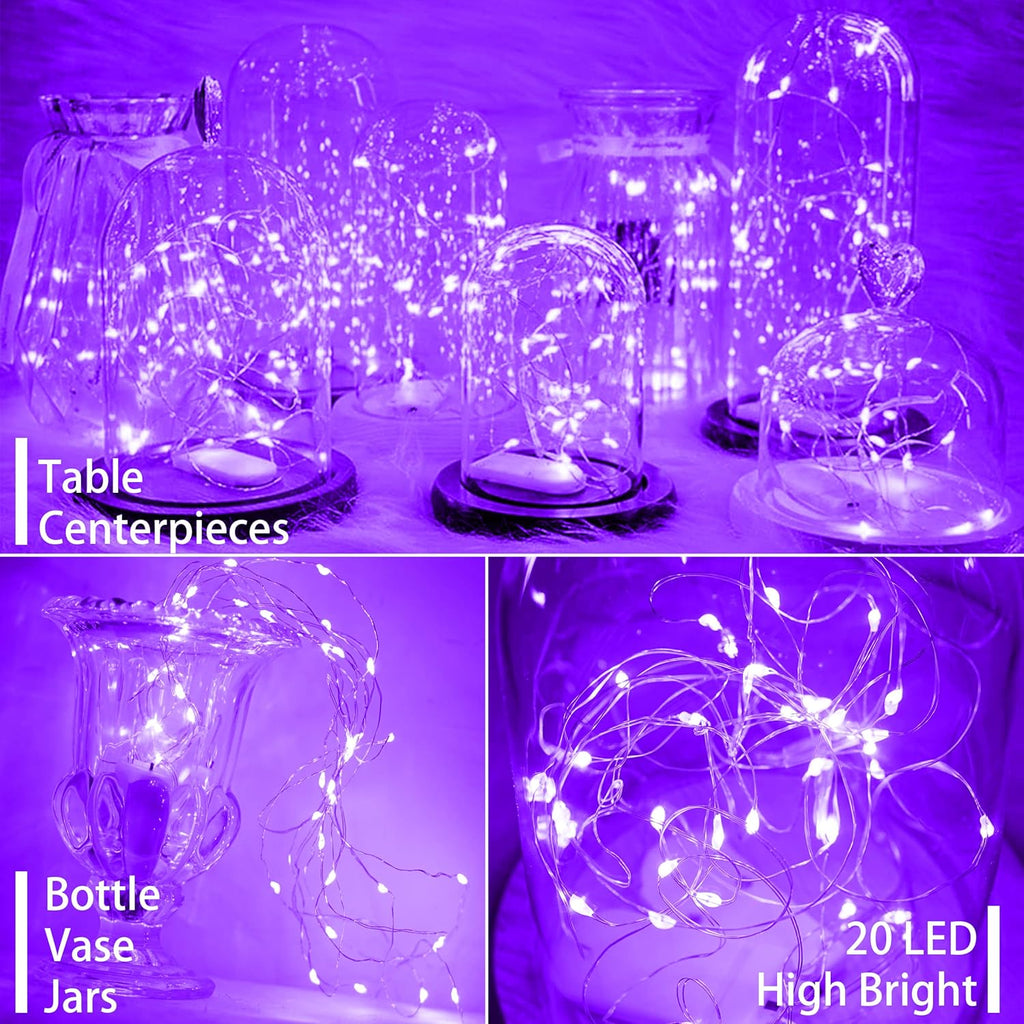 SunKite 20 LED Purple Fairy String Lights - Waterproof Battery Operated | 6.6 Feet Silver Copper Wire for DIY Decor