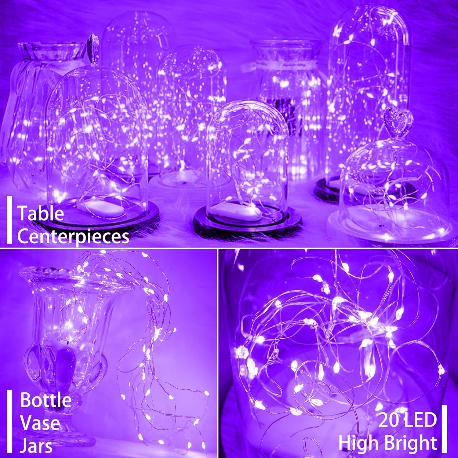 SunKite 20 LED Purple Fairy String Lights - Waterproof Battery Operated | 6.6 Feet Silver Copper Wire for DIY Decor