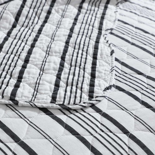 Laura Ashley - Quilt Set, Super Soft & Prewashed Bedding with Matching Shams, Modern Design with Scallop Edges, Cozy Home Essentials (Stripe Perfection Grey, Full/Queen)