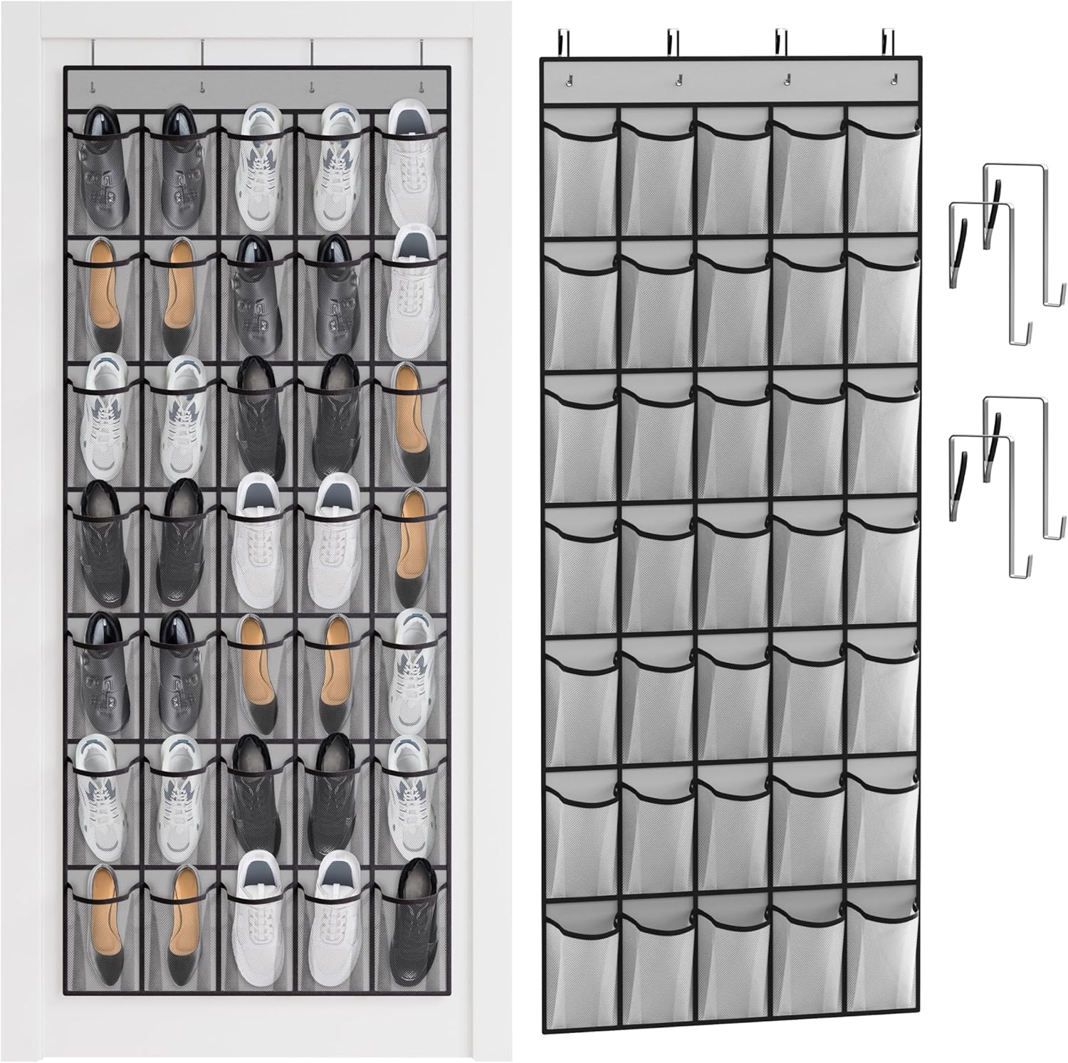 WVM Over The Door Shoe Organizer - 35 Breathable Mesh Pockets | Large Capacity Closet Storage in Grey