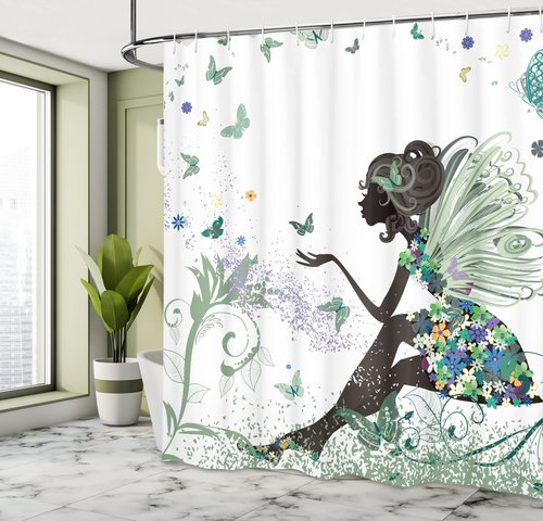 Ambesonne Fantasy Shower Curtain, Spring Girl Wings in a Floral Dress Surreal Garden Butterflies Print, Cloth Fabric Bathroom Decor Set with Hooks, 69" W x 70" L, Peacock Green