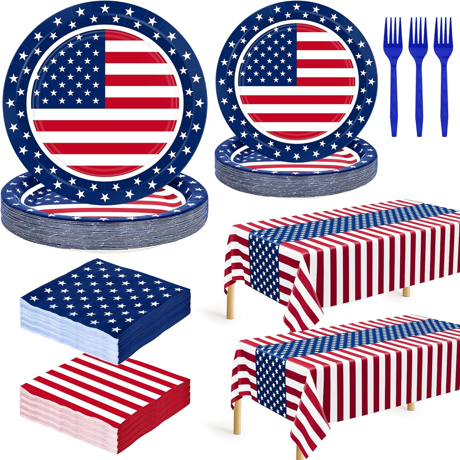 QZYL 122 PCS 4th of July Decorations - Patriotic Plates, Napkins & Tableware Set | American Flags Design
