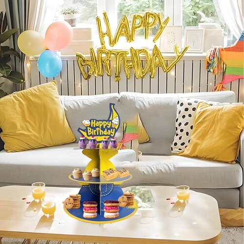 Terasilian Cartoon Yellow 3-Tier Cupcake Stand for 24 Cupcakes Yellow Cupcake Stand for Birthday Party Supplies Cupcake Dessert Stand Cupcake Toppers for Party Decorations