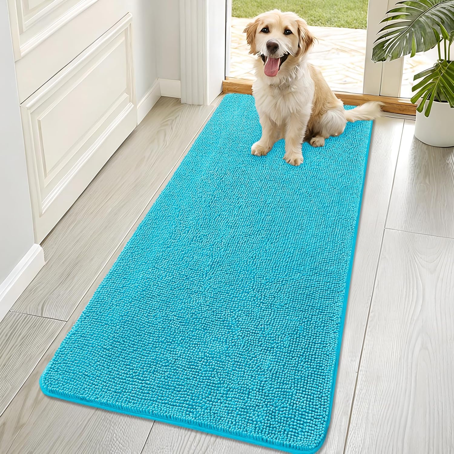 OLANLY Dog Door Mat - Absorbent Non-Slip Mud Mat for Indoor Use | Quick Dry Chenille, Aqua Blue 70x32