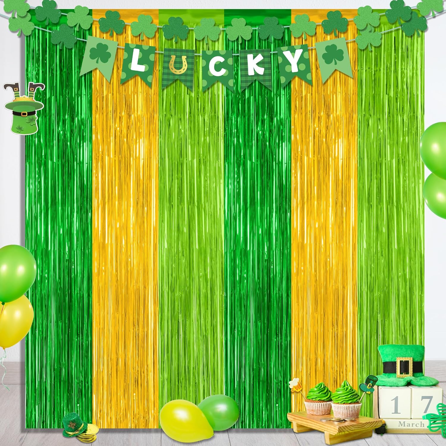 St. Patrick's Day Party Decorations - 2 Pack Green & Gold Backdrop Curtains | 3.28 FT x 7.05 FT Metallic Fringe
