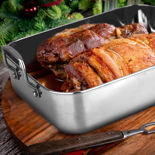 NutriChef Premium Stainless Steel Roasting Pan with Rack – Heavy‑Duty 14″ Turkey Roasting Pan for Turkey, Chicken & Meats (Wide Handles, Dishwasher Safe)