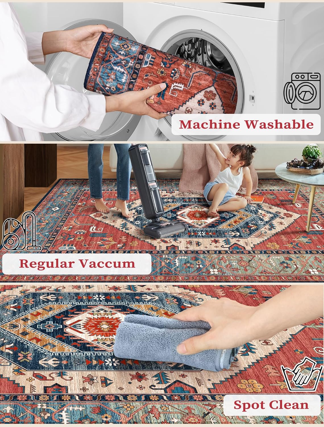 SERISSA Runner Rug - Vintage Rust Boho Design | Washable Non-Slip 2'6"x10' for Hallways & Kitchens
