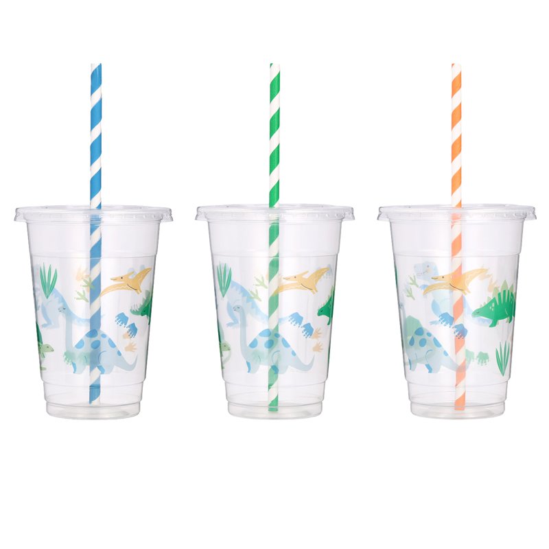 Dinosaur Disposable Plastic Cups with Lids & Straws - 8 Count