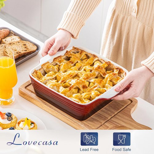 LOVECASA 8x8 Inch Non-Stick Baking Pan | 2 Quart Square Cake Dish with Handle - Red Ceramic Casserole Pan
