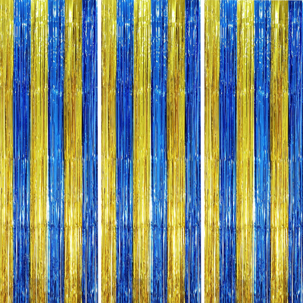 Voircoloria Blue Gold Foil Fringe Backdrop Curtains - 3 Pack Tinsel Streamers for Parties | 3.3 x 8.2 ft