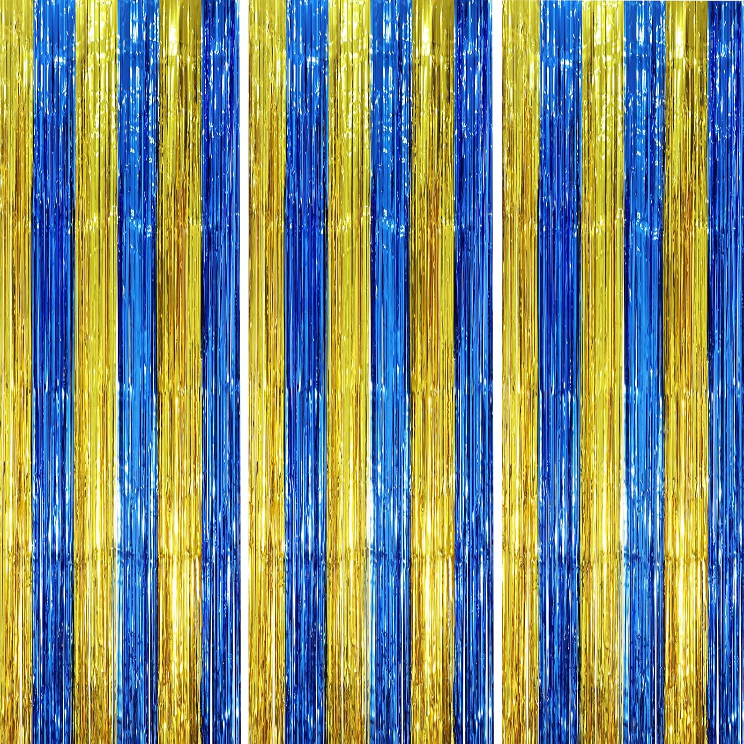 Voircoloria Blue Gold Foil Fringe Backdrop Curtains - 3 Pack Tinsel Streamers for Parties | 3.3 x 8.2 ft
