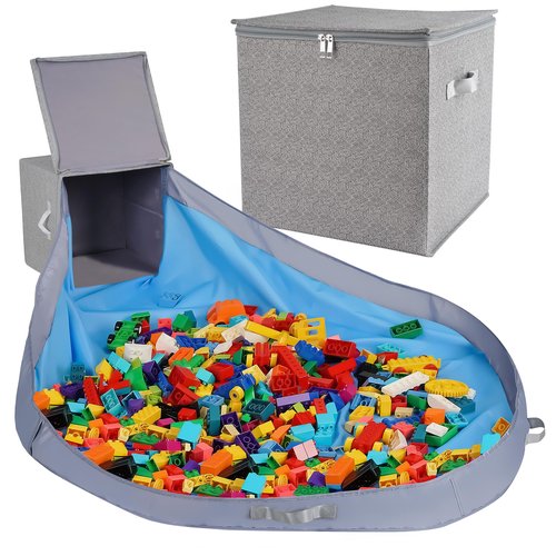 SAM AND MABEL Toy Storage Organizer with Play Mat – 13" x 13" x 13" Storage Box for Kids' Playroom, Stackable and Foldable Nursery Fabric Bin (Pebble Gray)