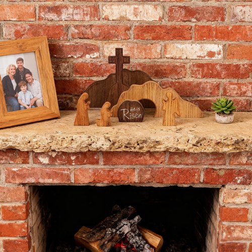 Glintoper Empty Tomb Easter Scene and Cross Decoration, 7pcs Wooden Easter Resurrection Scene Cross Jesus Tomb Tray Set, Tabletop Christian Gifts Jesus Nativity Scene Decor for Religious Home Office