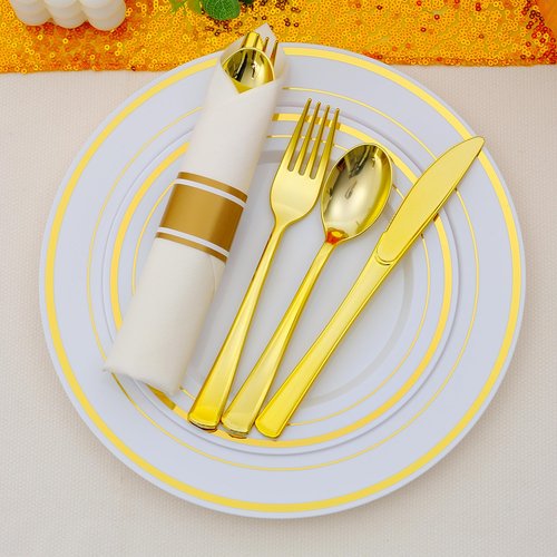ISFANGCO 100 Pack Pre Rolled Gold Plastic Silverware Set with Napkins,Disposable Wrapped Heavy Duty Cutlery Set for Wedding Birthday Party-100 Forks,Knives,Spoons,Utensils Set,Plasticware Bulk