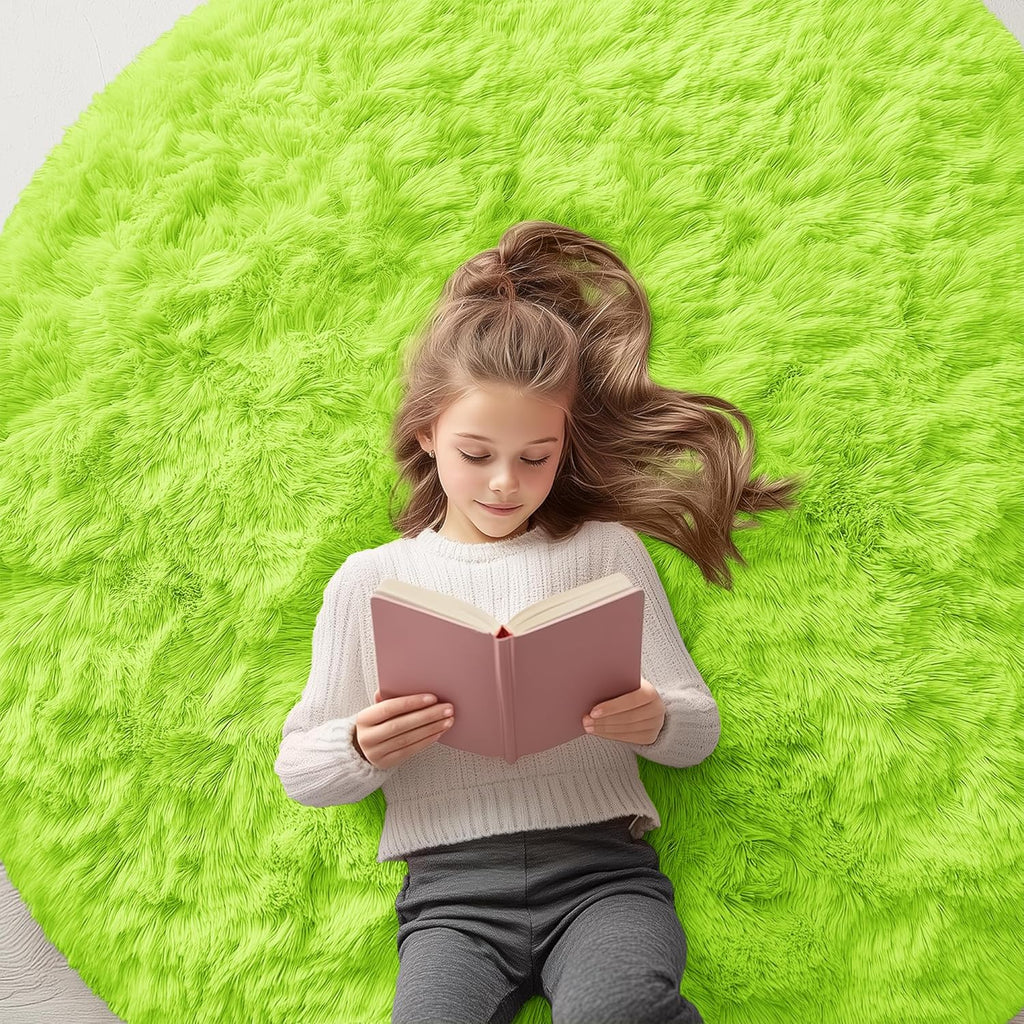 OLANLY Round Lime Green Area Rug - Soft, Fluffy, Machine Washable 5 ft Circle Carpet for Bedrooms & Nurseries
