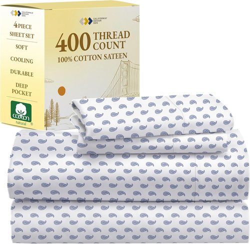 California Design Den Full Size Bed Sheets Set - 400 Thread Count Sateen, 100% Cotton, Deep Pocket - Paisley Blue