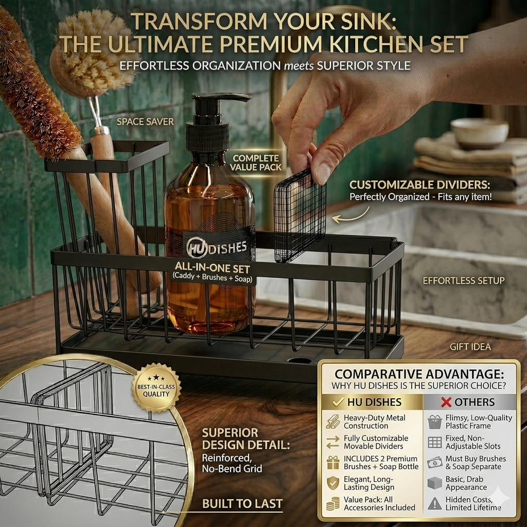 ✪®Premium Kitchen Sink Organizer Caddy - Extra Large Stainless Steel Sponge Holder & Soap Dispenser Tray (Black)
