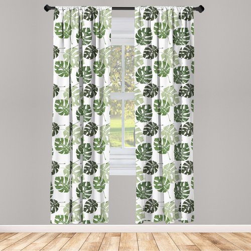 Ambesonne Monstera Window Curtains Pack of 2, Tropical Jungle Foliage Hawaiian Nature Growth Sketchy Leaves Environment Eco, Lightweight Set with Rod Pocket, 4 Panels of - 28" x 84", Green and White