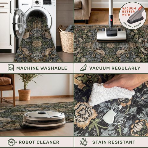 Hazo Haus Washable Dark Vintage Floral Rug - Small 2x3 Indoor Mat with Bird & Botanical Design in Brown Tones