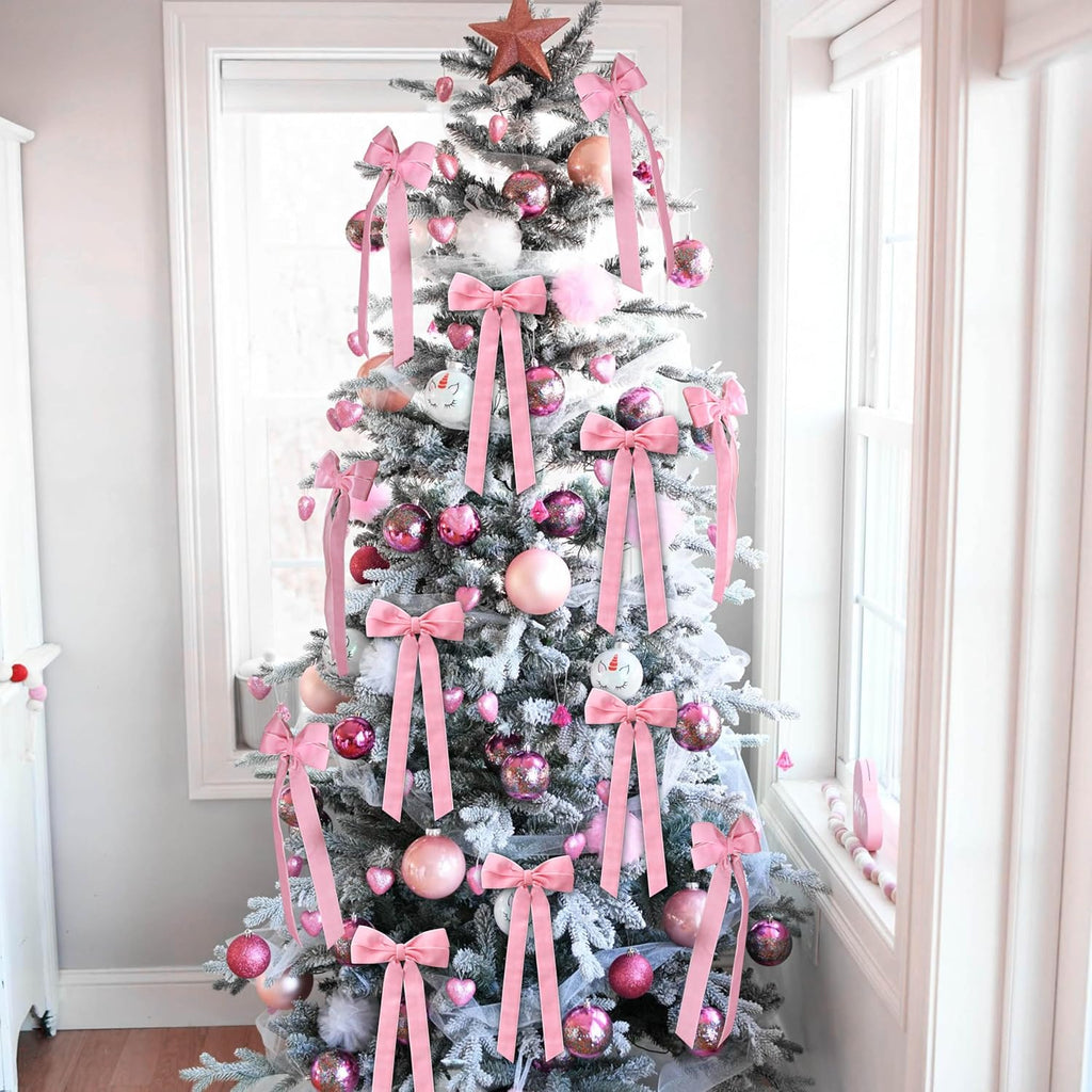 Skiennix 12Pcs Pink Velvet Bows | Elegant Valentine's Day Tree Decorations - 5in x 10in Ornaments for Home & Weddings