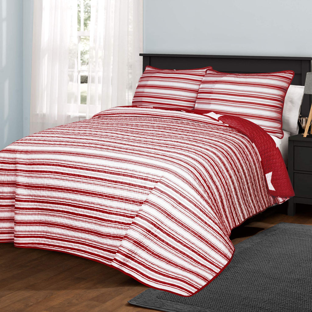 Lush Decor Star Quilt - Reversible 2 Piece Pattern Striped Bedding Set with Pillow Sham - Twin - Red
