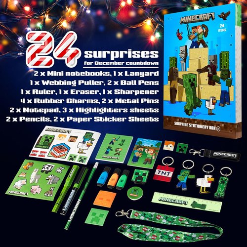 Minecraft Advent Calendar 2025 - 24 Fun Items Including Keychains, Pens & Notebooks | Blue/Green Gamer Xmas Gift