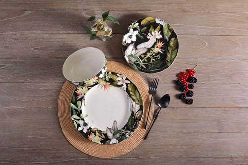 222 Fifth 12-Piece Porcelain Dinnerware Set for 4, Black & White Plates and Bowls Set with Tropical Floral Design, Glossy Ceramic Dish Set, Kitchen Tableware, Microwave & Dishwasher Safe, Borneo