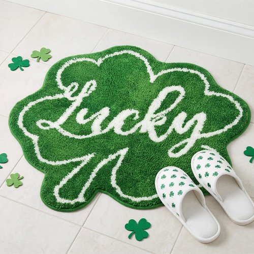 Woaoce St. Patrick's Day Bath Rug Lucky Green Shamrocks, Happy Saint Patricks Doormat Irish Four Leaf Mat Non Slip Rugs for Bathroom Entrance Front Door Indoor Outdoor 24x24 Inches