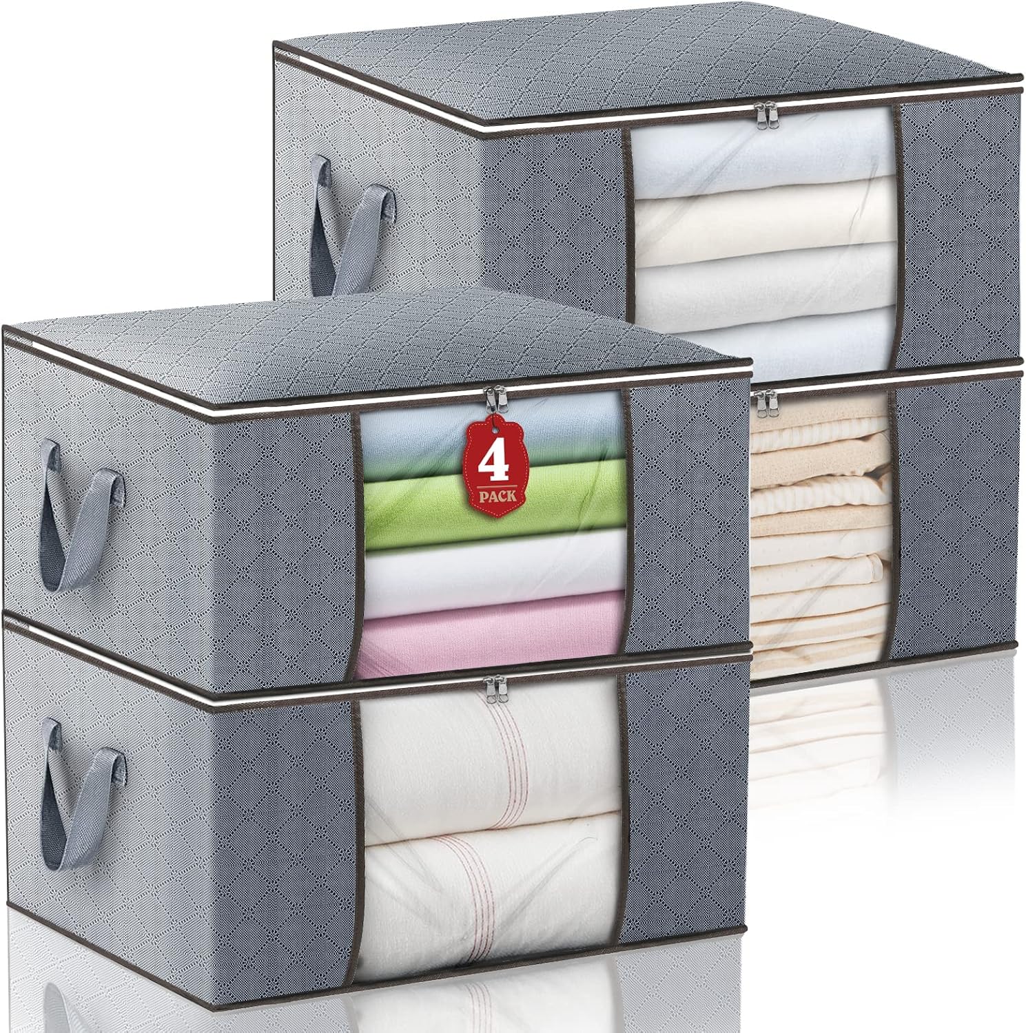 Skiennix 90L Large Storage Bags - 4 Pack Foldable Closet Organizers with Durable Handles | Grey