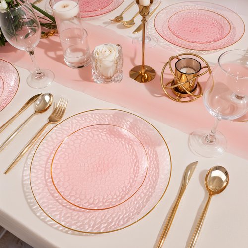 SUT 36Pcs Pink Plastic Plates, Hammered Plates Disposable Heavy Duty, Pink Disposable Plates With Gold Rim, Fancy Plastic plates Include 18 Dinner and 18 Dessert plates for Valentine's Day