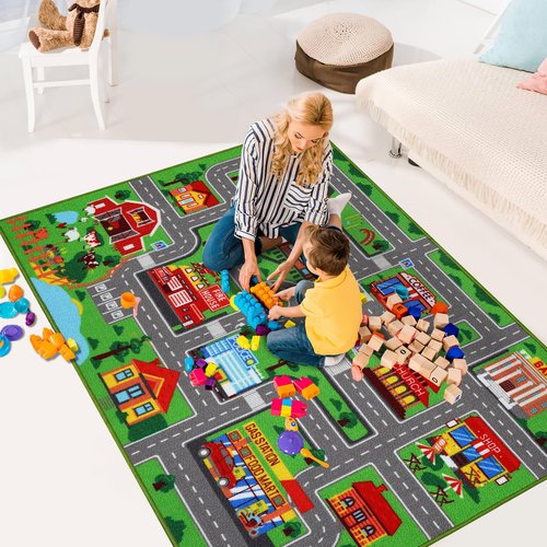 Kids Carpet Playmat Rug 59"x39.4", Car Rug for Kids Cars, Non-Slip Town City Road Map Kids Rugs for Playroom Bedroom Boys, Kids Cars Play Mat Track Road Rugs for Kid(59X39.4Inch,Green)