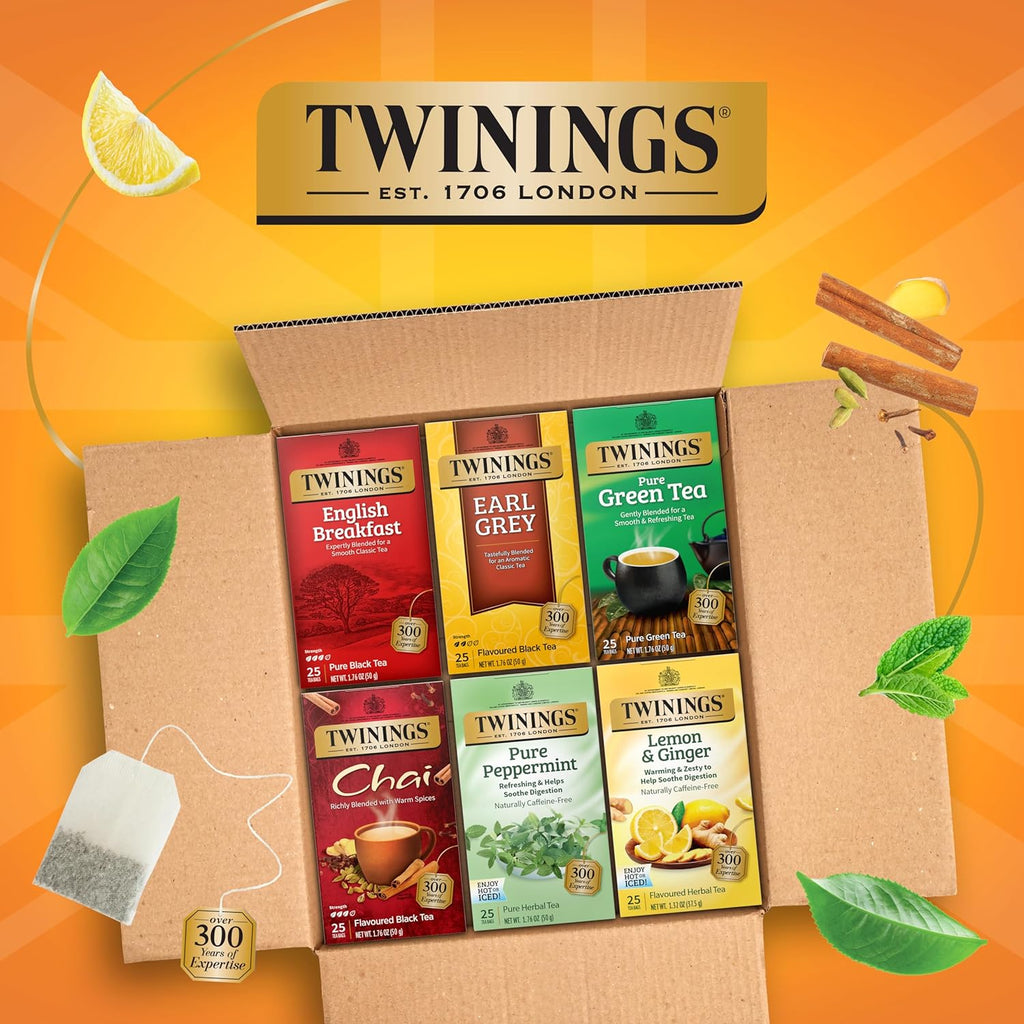 Twinings Variety Pack Tea Bags - 25 Count (Pack of 6) | Includes English Breakfast, Earl Grey & More