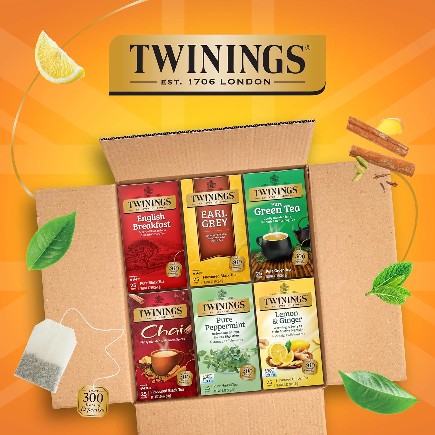 Twinings Variety Pack Tea Bags - 25 Count (Pack of 6) | Includes English Breakfast, Earl Grey & More