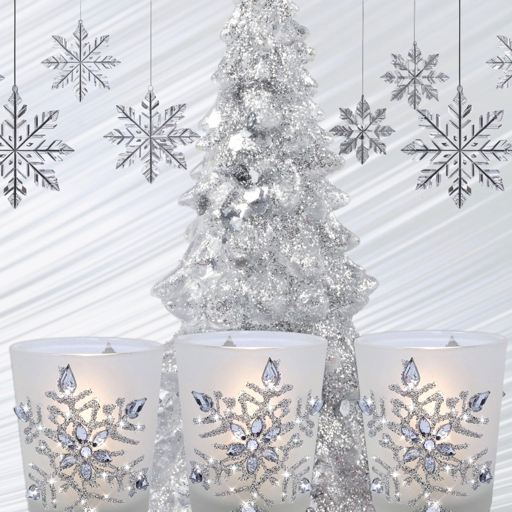 Snowflake Candle Holder - Lighted Frosted Glass Holders - Set of 3 with LED Candles - Glittery Snow Flake Holders with Jewels - Christmas Decor - 2.75" H x 2" D