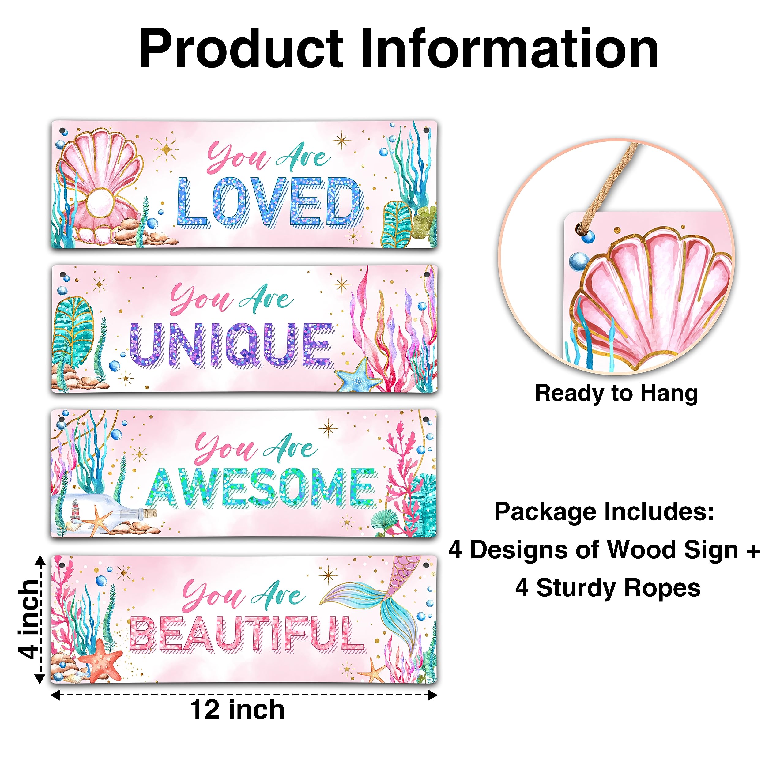 4 Pieces Mermaid Girls Bathroom Room Decor, 11.8" x 3.9" Under the Sea Wall Decor Wood Sign, Motivational Wall Art For Kids Room Nursery Playroom Classroom-A07