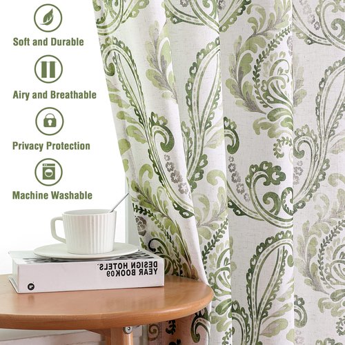 H.VERSAILTEX Green Floral Linen Sheer Curtains for Living Room, 84 inches Country Boho Style Flower Damask Patterned Printed Grommet Window Curtains for Farmhouse Bedroom, Sage Green, 2 Panels