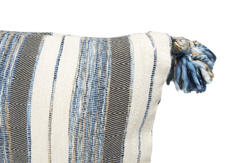 Blue, Grey & Cream Striped Cotton Blend Lumbar Pillow with Tassels